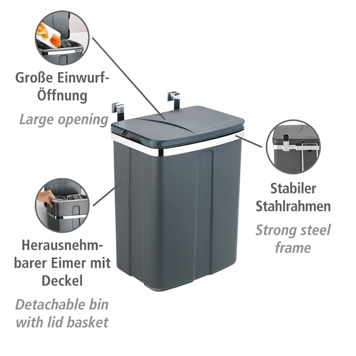 WENKO Tür-Abfalleimer, 12 L, platzsparend und einhängbar — ideal für Schrank und Schublade 2